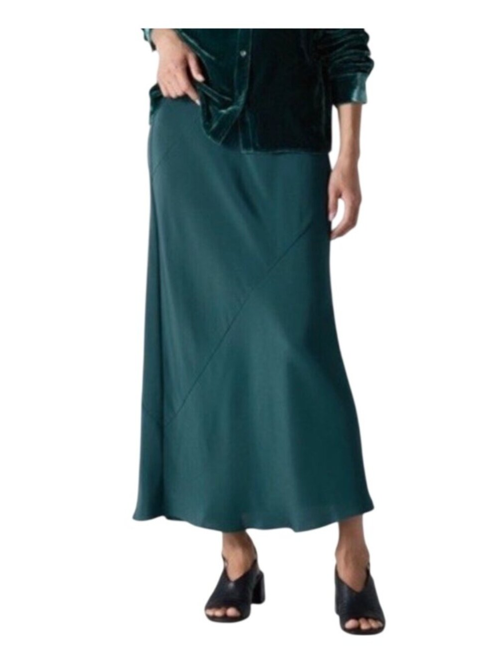 Eileen Fisher Women Green Pine Bias Maxi Skirt 100% Silk Size XXS